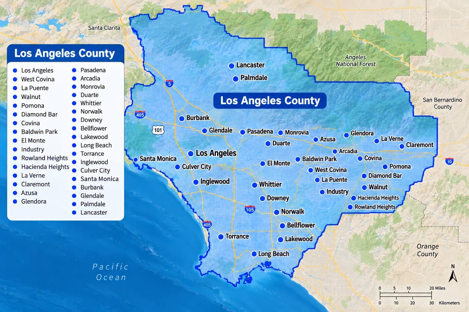 Map of Los Angeles County marking the cities Trust Heating and Air Conditioning serves, from West Covina and the San Gabriel Valley to Long Beach and Lancaster.