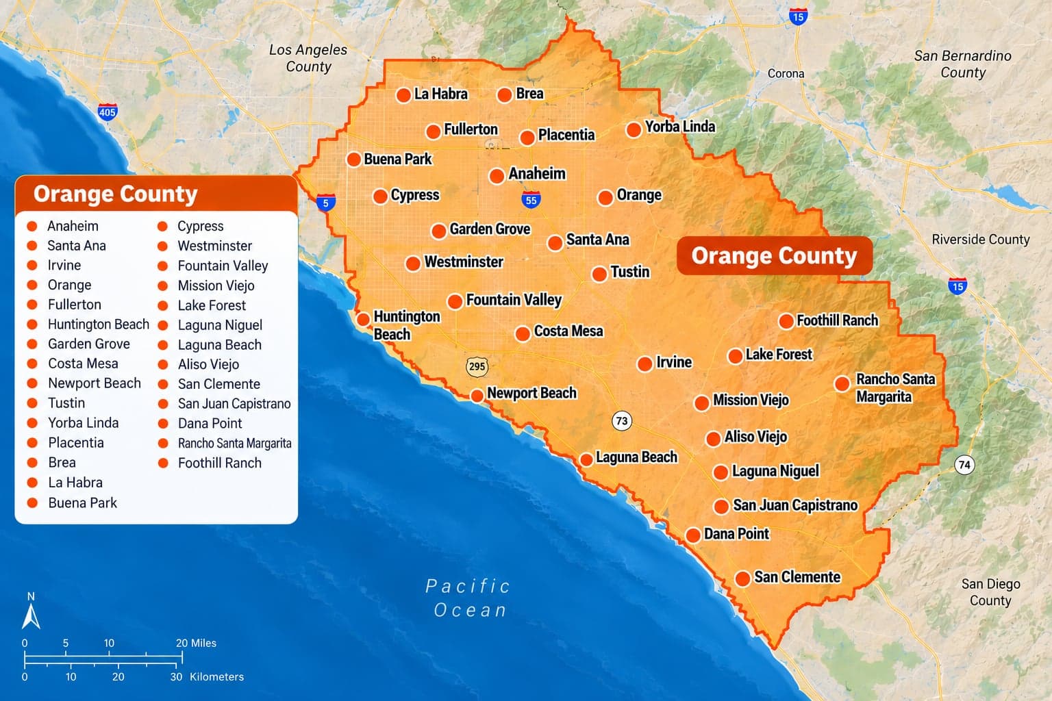 Map of Orange County marking the cities Trust Heating and Air Conditioning serves, from La Habra and Brea in the north to San Clemente in the south.