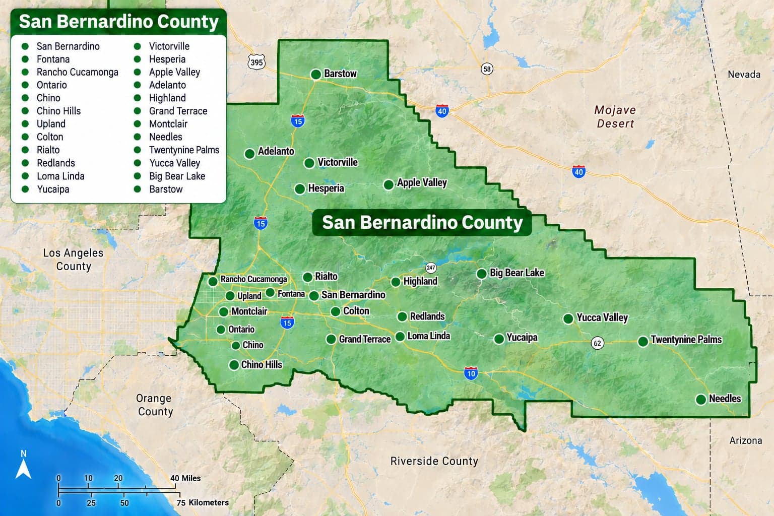 Map of San Bernardino County marking the cities Trust Heating and Air Conditioning serves, from Chino and Ontario to Victorville, Big Bear Lake, and Needles.
