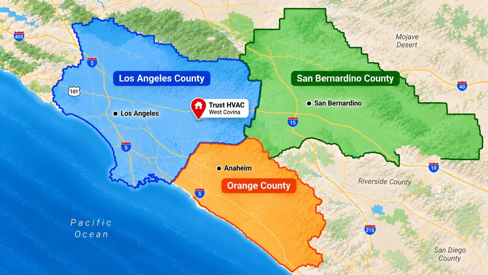 Map of Trust Heating and Air Conditioning's Los Angeles, Orange, and San Bernardino County service area, based in West Covina, California.